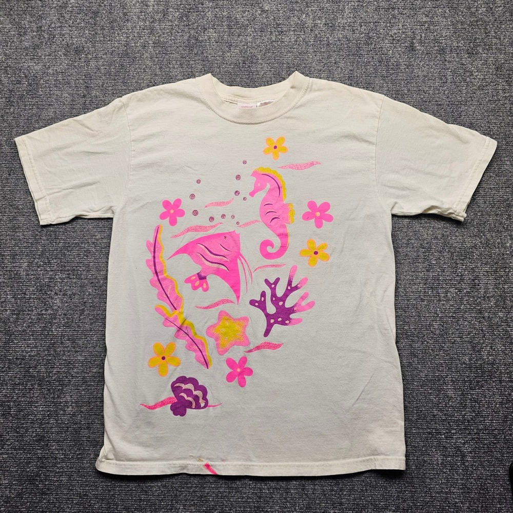 Vintage Surf Rags Seahorse Stingray Tropical Graphic T-Shirt White Kids S/M 7/12